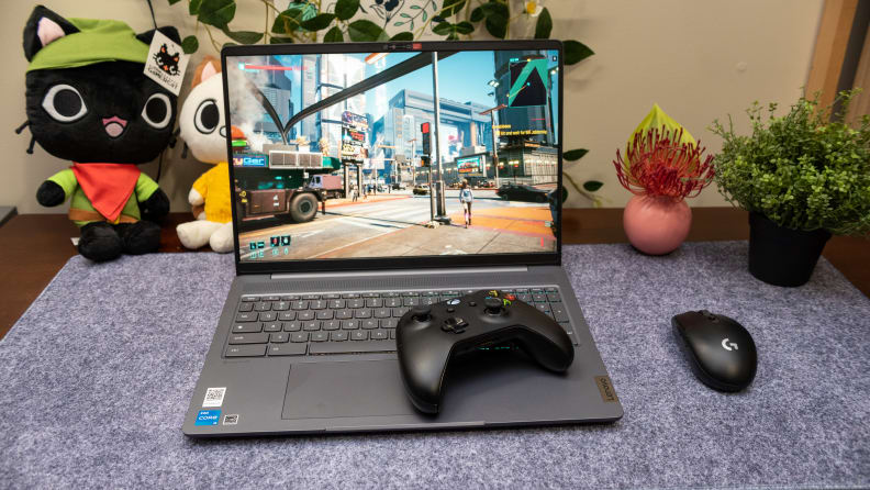An open Lenovo Ideapad Gaming Chromebook with a game on display.