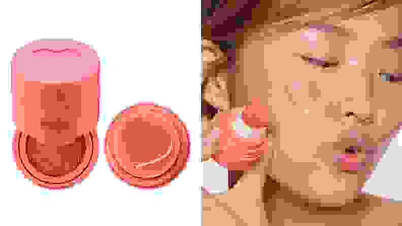 On the left: On a white background sits the Kaja Cheeky Stamp Blendable Blush in bright pink packaging. The blush is open to reveal a bright pink stamp pad and to the right of the container is a heart-shaped pink stamp. On the right: An Asian person holds a heart-shaped stamp and she has a pink heart on the apple of her cheek.