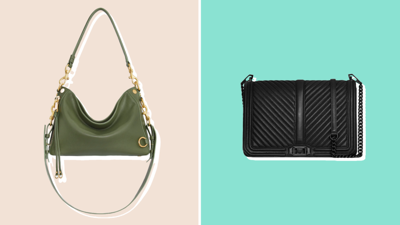 Two Rebecca Minkoff purses in olive green and black in a collage.