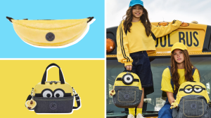 A photo collage featuring three bags from the Kipling x Minions collection.