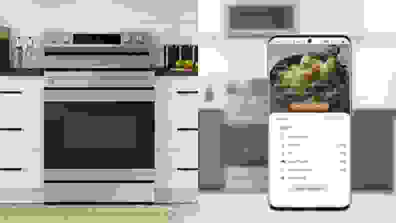 On left, Samsung range in kitchen. On right, smart phone showcasing Samsung app cooking chicken.