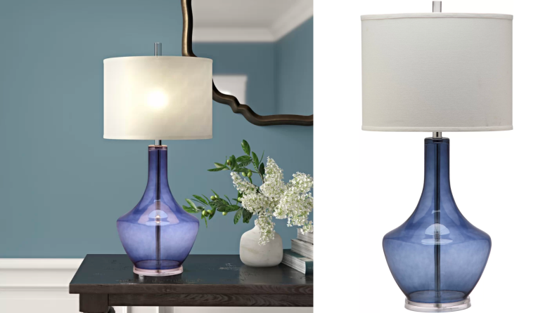 Two images of a deep blue lamp.