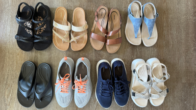 Various models of Aetrex Shoes including sneakers, sandals, and flip-flops.
