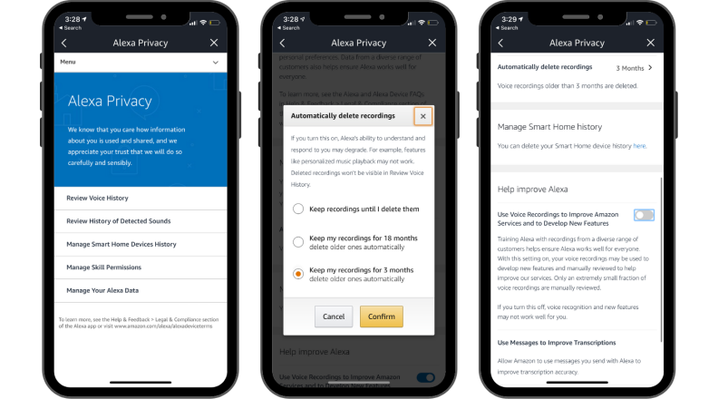 Screen shots of how to adjust privacy settings in the Amazon Alexa app