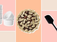 Photo collage of a stack of ramekin cups stacked on top of each other, a baked pie and a black rubber spatula.