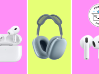 Three different Apple headphones on a yellow background