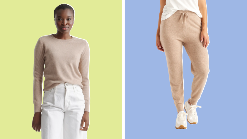 Oatmeal-colored cashmere sweater and matching pants.