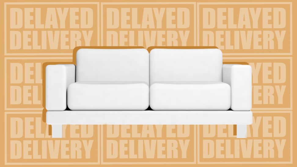 White sofa couch in front of "delayed delivery" phrase.