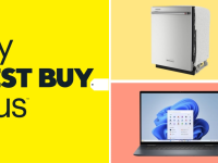 The My Best Buy Plus logo next to two items in front of colored backgrounds.