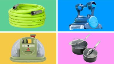 A collection of discounted items at Amazon displayed in front of colored backgrounds.