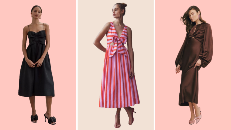 Collage image of a black midi dress with bows on the front, a pink striped printed midi dress, and a black gown with long sleeves.