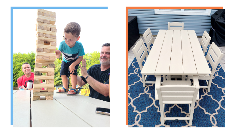 A child plays on top of a Polywood outdoor dining table.