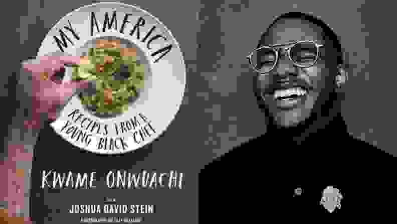 On left, My America cookbook. On right, black-and-white photo of Kwame Onwuachi laughing.