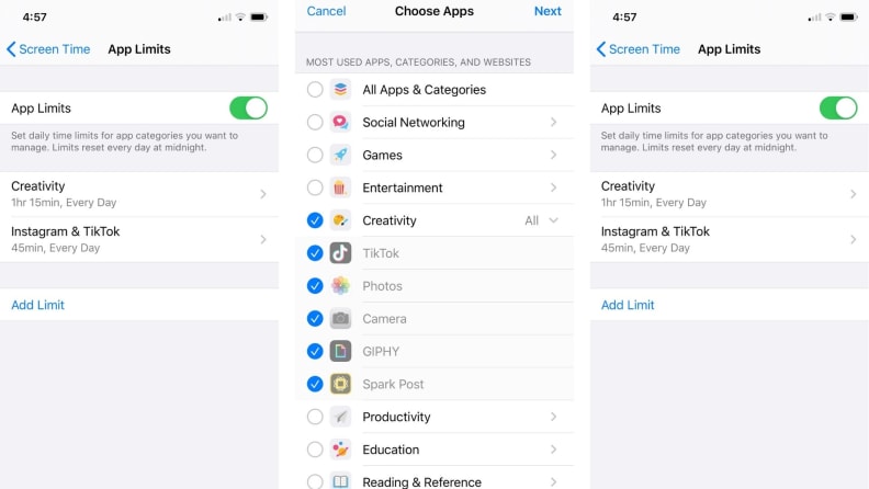 screenshots of apple screen time controls and limits
