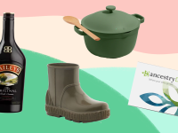 An image of a bottle of Baileys, a pair of green Ugg boots, a green Perfect Pot, and an AncestryDNA test on a pink, green and tan background.
