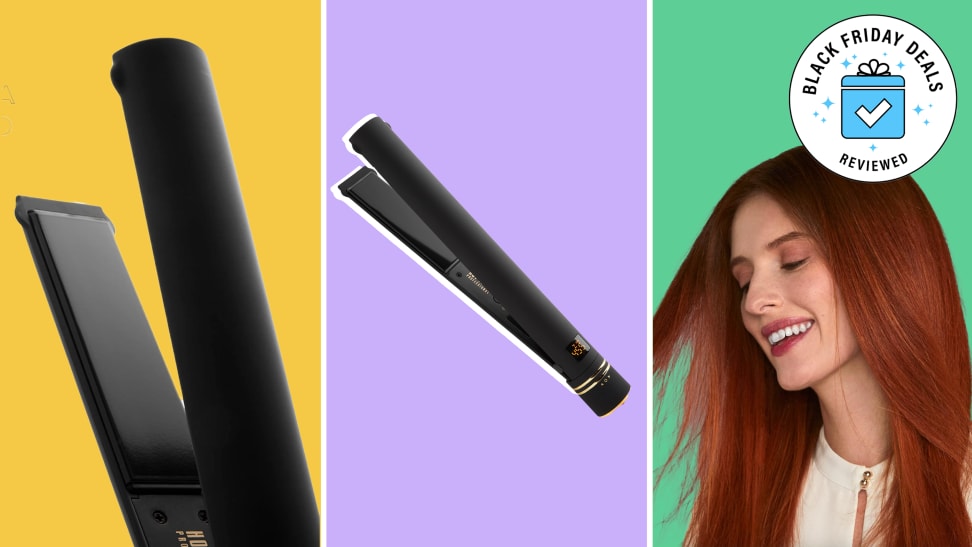 Photo collage of two enlarged images of the Hot Tools Pro Artist Flat Iron and a model smiling with long, straight, red hair.