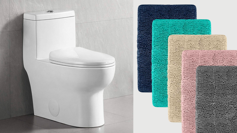 1) Close up of an elevated toilet. 2) Five colorful bathmats.