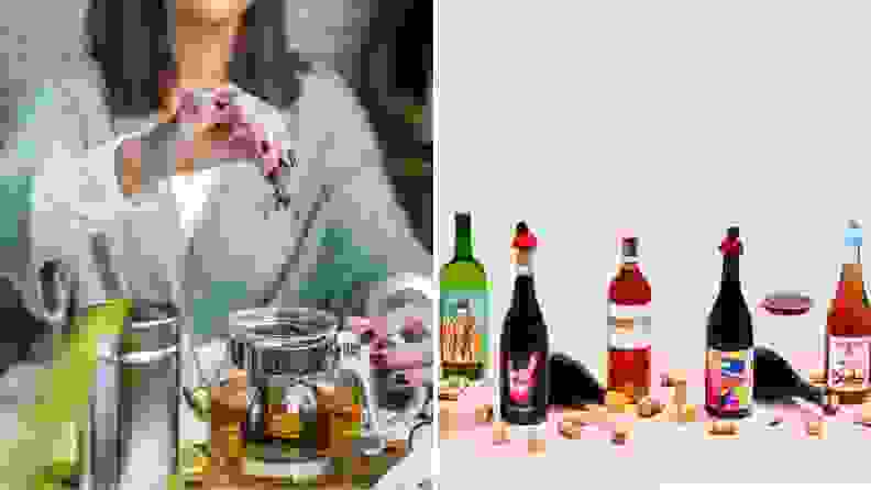 On left, woman steeping tea from a stainless steel infuser into a glass kettle. On right, a lineup of natural wines from MYSA surrounded by bottle caps.