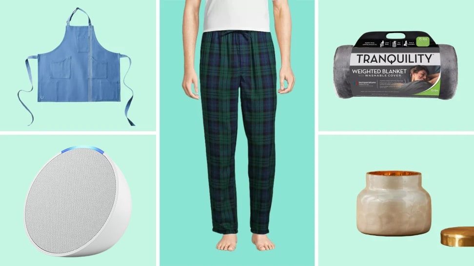 Five Two Ultimate Apron, Echo Pop, Lands' End flannel pajama bottom, Tranquility Weighted Blanket, and Capri Blue candle