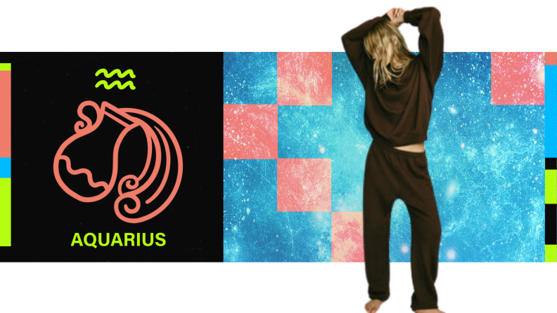 On the left is the symbol for Aquarius, and on the right is a model wearing a matching sweatsuit.
