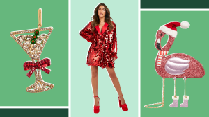 Sparkly martini earrings, a sequined red blazer party dress, and a flamingo holiday ornament.