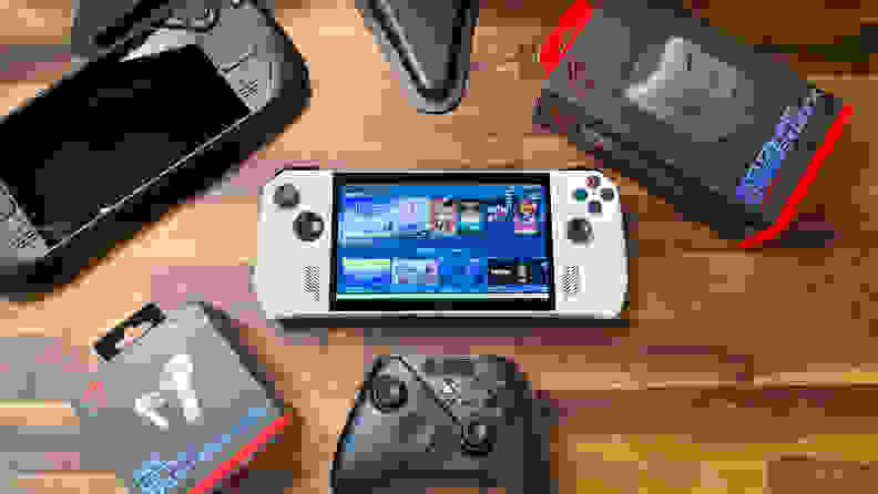 Both handheld consoles with their accessories.