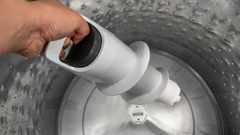 The agitator in this top-load washing machine can be removed for delicate cycles.