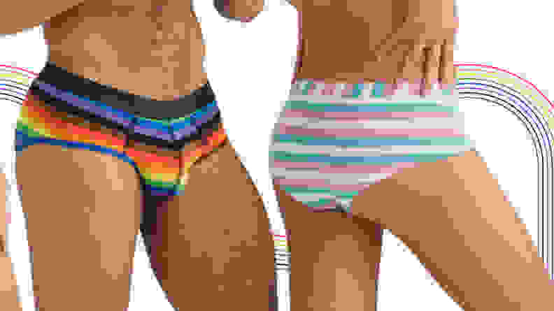 Two humans in MeUndies underwear, as part of Pride Month 2021.