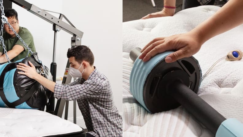 Side-by-side shot of two men putting weights on the mattress.
