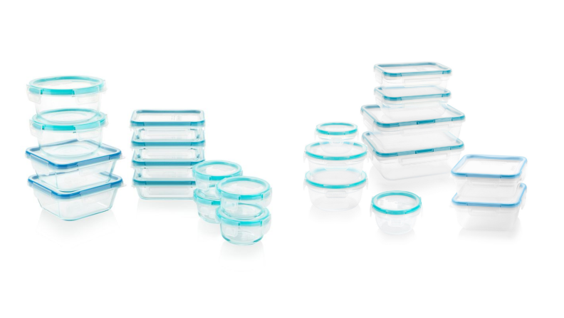 Two sets of Pyrex storage containers, one made of glass and one made of plastic, sit next to one another on a white background.