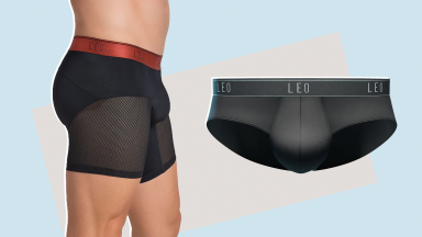 Collage image of a model wearing black boxer briefs with mesh leg panels, and a product shot of a pair of black briefs.