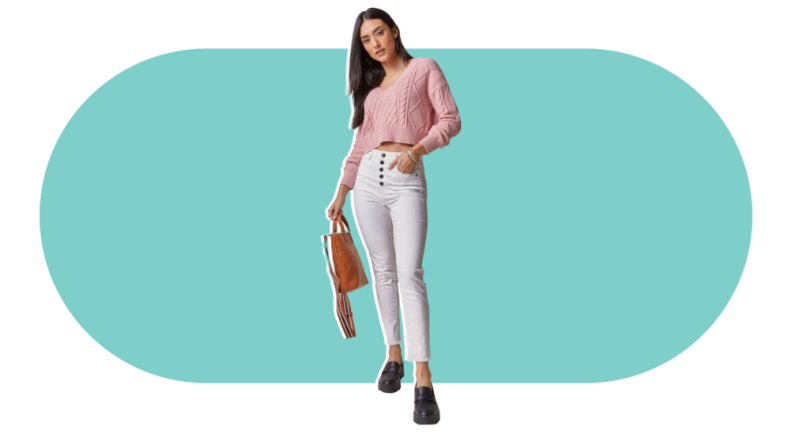 A model wearing the Francesca’s Harper Heritage High Rise White Frayed Skinny Jeans in white.