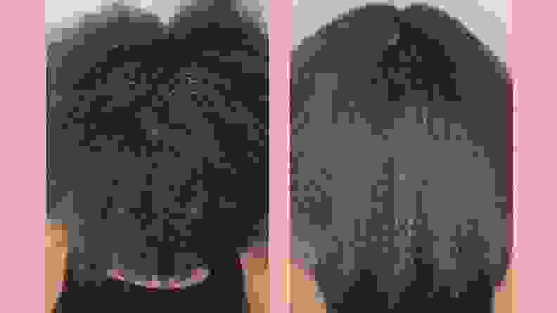 The author's hair before (left) and after (right) using the RevAir against a pink background.