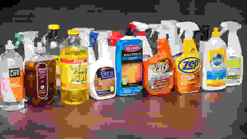A collection of different cleaning solution bottles.