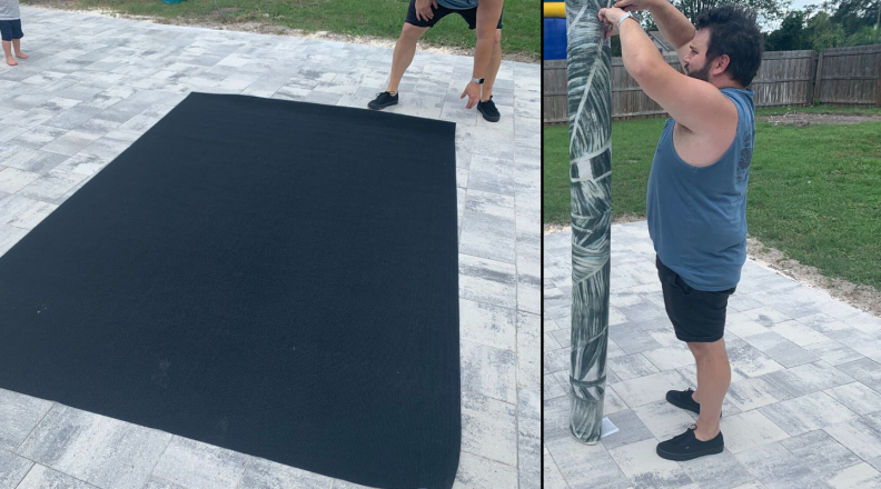 Putting down a two-part outdoor rug system