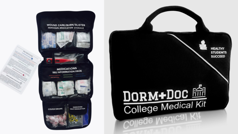 The Dorm Doc College Medical kit in two different views. On the left, a view showing the contents of the kit.