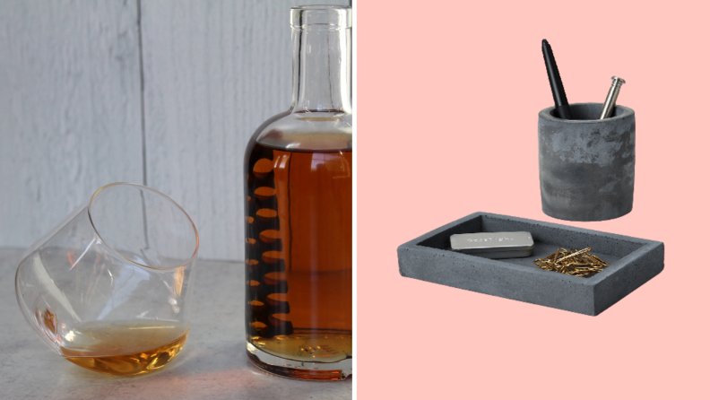 On the left is a bottle of infused gin and a rocks glass with some of the spirit poured in. On the right is a product shot of gray concrete desk accessories.