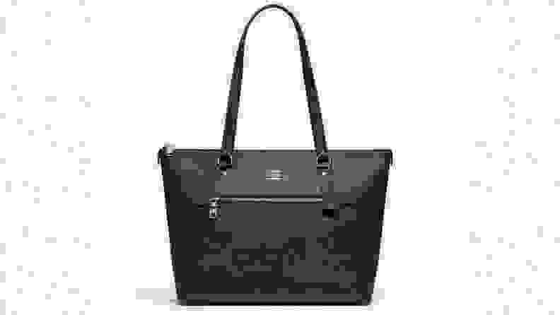 Black leather top handle coach tote bag.
