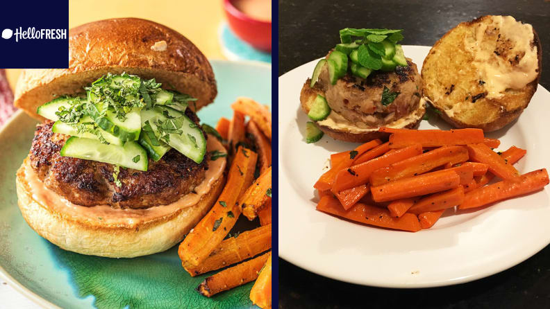 Left: A burger and sweet potato fries artfully plated on a green plate. Right: A burger served with sweet potato fries on a white plate.