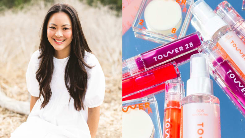 Left: Asian female founder of Tower 28, right: Tower28 cosmetics on mirror table