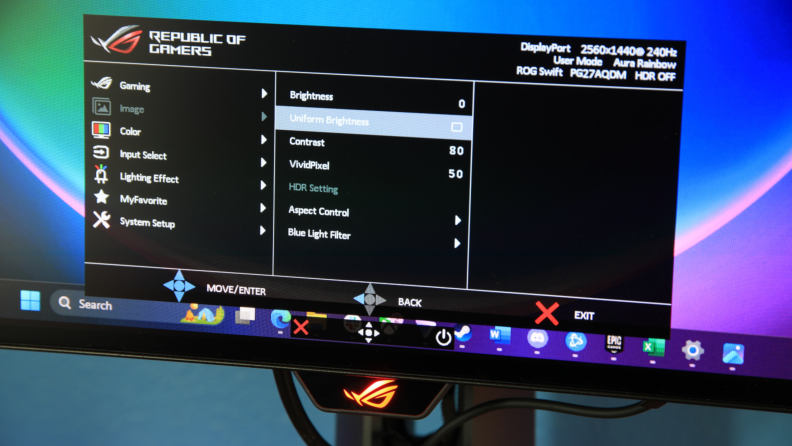 Up close view of an OLED gaming monitor's menu and settings.