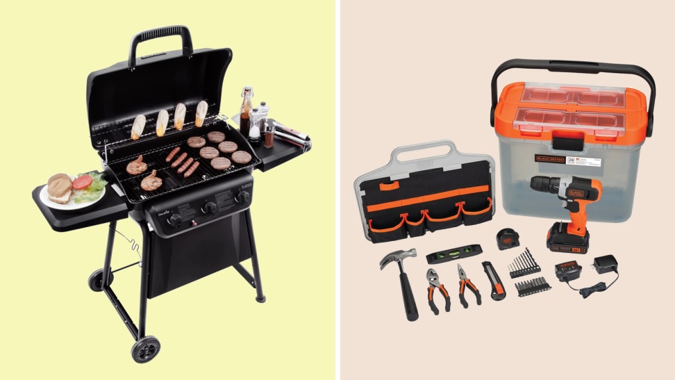 yellow and beige background with gas grill and tool kit