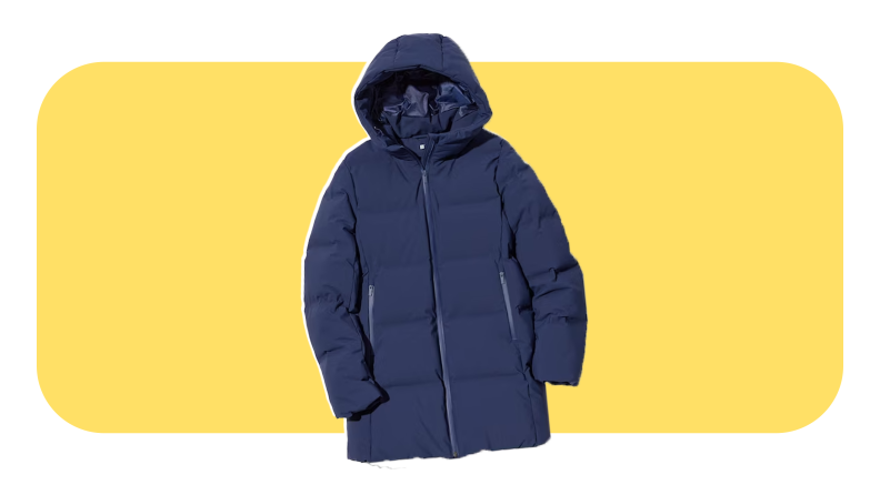 Product shot of navy blue winter puffer coat from Uniqlo.