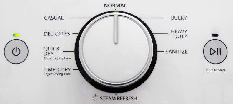 The Whirlpool Duet WED87HEDW's cycle list covers all the basics, with a few specialty options like Sanitize thrown in for good measure.