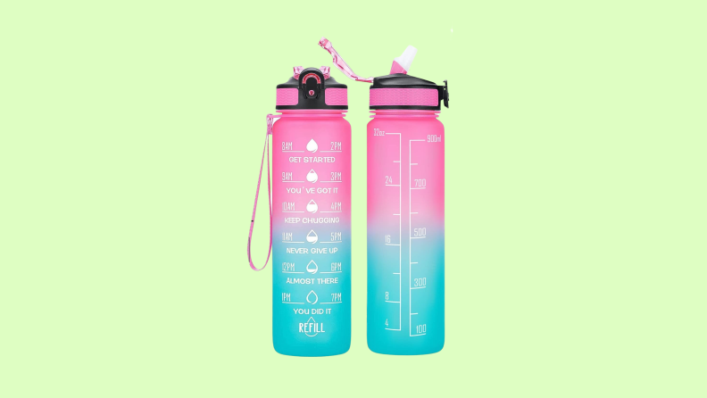 Side-by-side image of the front and back view of a Hyeta 32-oz. motivational water bottle in pink and teal.