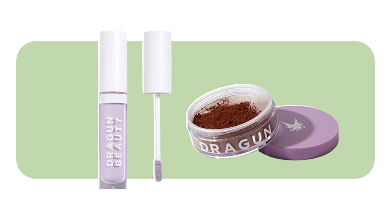 A purple color-correcting concealer next to a brown-tinted poweder.