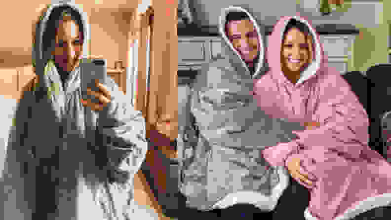 Two side-by-side images. In the first, author Amanta Tarlton is wearing her The Comfy blanket inside. The second image shows a couple sitting on the couch, both of which are also wearing The Comfy wearable blanket.
