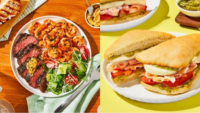 A plate of sliced roast beef, grilled shrimp, and salad on a kitchen table spread on the left. A Caprese and prosciutto sandwhich on a plate on the right.