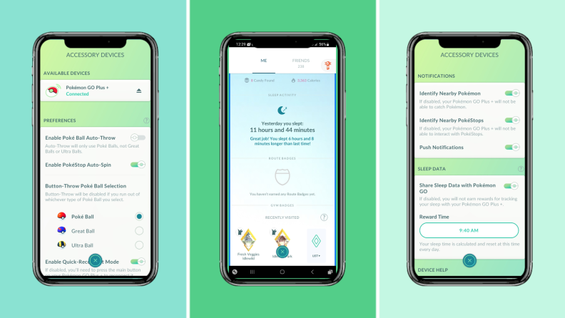 Three smartphones side-by-side featuring the Pokémon Go Plus + app on the screen.