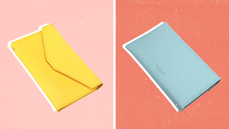 A yellow wallet against a pink background and a light grey wallet against a red background.